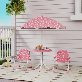Conjunto Infantil de Mesa e Cadeiras de Jardim de 4 Peças Cadeiras Dobráveis Chapéu de Sol Desmontável Design Unicórnios Rosa