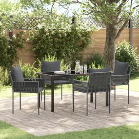 vidaXL Conjunto de Jantar de Jardim 5 Peças com Almofadas Preto Rattan