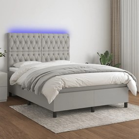 Cama box spring c/ colchão e LED 140x190 cm tecido cinza-claro