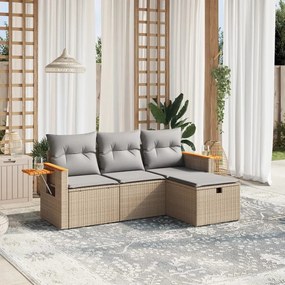 4 pcs conj. sofás jardim c/ almofadões vime PE bege misturado