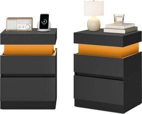 Conjunto de 2 mesa de cabeçeira 35 x 40 x 55 cm com iluminação e com base de carregamento Pretas