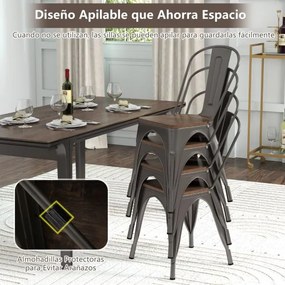 Conjunto de 4 cadeiras de jantar empilháveis em metal com assento em madeira e encosto alto removível Castanho escuro
