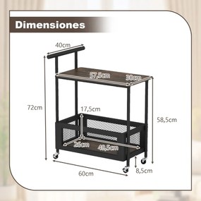 Mesa apoio ou carrinho de Cozinha 60 x 40 x 72 cm com Rodas e Pega 2 Níveis Prateleira Aberta e Cesto de Malha para Sala, Quarto, Cozinha Castanha Rús