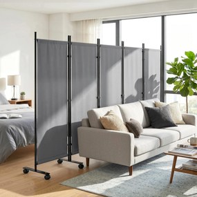 Biombo de Privacidade Dobrável de 5 Painéis, 252 x 40 x 170 cm, Com 12 Rodas, Cinzento-Escuro