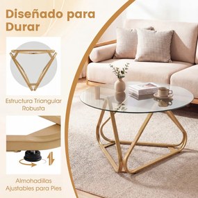 Mesa de centro redonda 80 x 80 x 45,5 cm em vidro temperado com Estrutura triangular, dourada