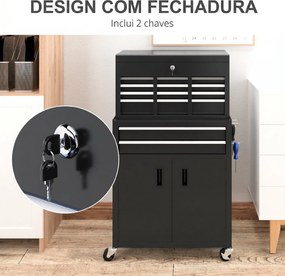 Carro de Ferramentas com Baú Superior, 6 Gavetas, Armário, Fechadura e 4 Ganchos para Garagem e Casa, Preto