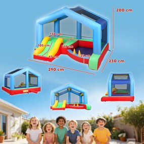 Castelo Insuflável para Crianças com Escorrega Cama Elástica Piscina de Bolinhas Jogo de Aros Toldo e Bolsa de Transporte 290x230x200 cm Multicor