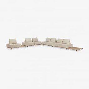 Conjunto De Jardim Com Sofá De Canto Modular De 5 Peças Com Mesa Lateral E Mesa Lateral 95x95 Cm Em Acácia Portet Gardénia Branco - Sklum