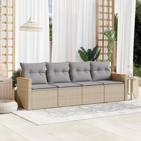 4 pcs conj. sofás jardim c/ almofadões vime PE bege misturado