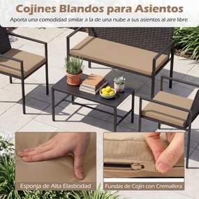 Conjunto de jardim de 4 peças em rattan para exterior: cadeiras, sofá, mesa de café em vidro temperado e almofadas macias; ideal para jardim, alpendre