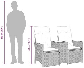 Sofá de jardim reclinável de 2 lugares com Mesa em vime sintético cinz