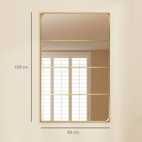Espelho de parede retangular com vidro 109 x 69 cm, estilo industrial, na orientação horizontal ou vertical, com 4 ganchos, em metal dourado