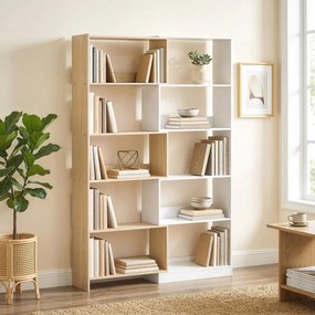 Estante Expansível 5 Níveis Estante para Livros Giratória 350° Largura Ajustável Convertível em L Reta ou Compacta 111,5x23,8x163,7 cm Madeira e Branc
