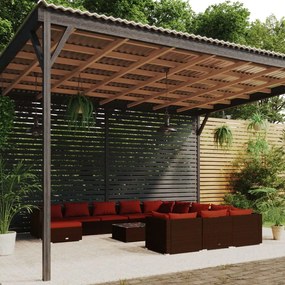 vidaXL 13 pcs conjunto lounge jardim c/ almofadões vime PE castanho