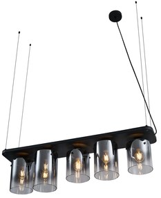 Moderne hanglamp zwart met smoke glas 5-lichts - Hybrid