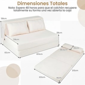 Sofá-cama futon dobrável grande 3 em 1 com 2 almofadas, tecido de chenille , para sala, quarto ou escritório Bege