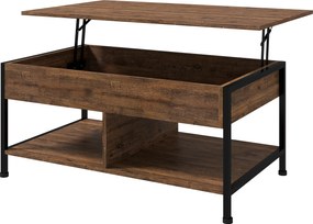 Mesa de centro  100 x 80 x 60 cm elevável com compartimento oculto, 2 prateleiras inferiores,, castanho rústico e preto