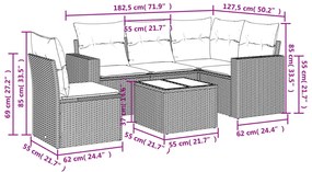 6 pcs conjunto de sofás p/ jardim com almofadões vime PE bege