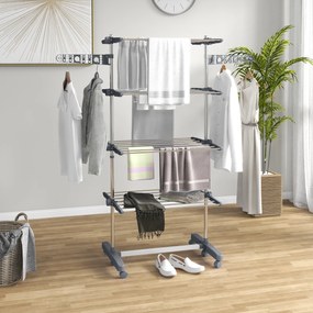 Estendal de roupa dobrável com abas laterais, para uso interior e exterior, 142 x 55 x 172 cm, 4 níveis, cinzento