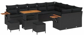 Conjunto de Sofá de Jardim de 12 Peças com Almofadas Preto Rattan Poli