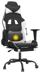 Cadeira gaming massagens c/ apoio pés couro artif. preto/branco