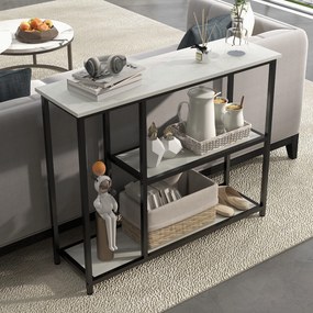 Mesa consola de 100 cm, com 3 níveis, tampos com efeito de mármore, estrutura em aço, branco