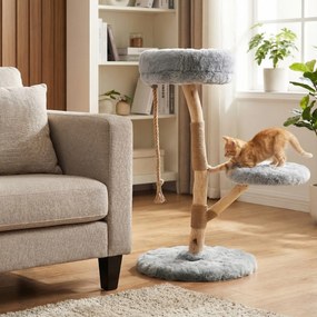 Arranhador para gatos 50 x 90 cm com plataforma central de atividades em madeira maciça, com postes para arranhar em juta natural, natural e Cinzento