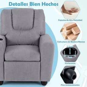 Poltrona reclinável para crianças em veludo, com porta-copos e apoio para os pés ajustável, para sala de estar ou área de jogos, a partir dos 3 anos,