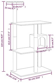 Árvore p/ gatos c/ postes arranhadores sisal 119 cm cinza-claro