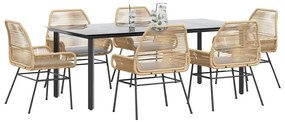 Conjunto jantar jardim 7 peças almofadas vidro vime PE castanho