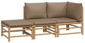 3 pcs conj. lounge jardim bambu almofadões cinzento-acastanhado