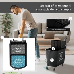 Balde de Limpeza 20L com Rodas e Espremedor Balde para Esfregona com Separador de Água 60x27x70,5 cm Preto