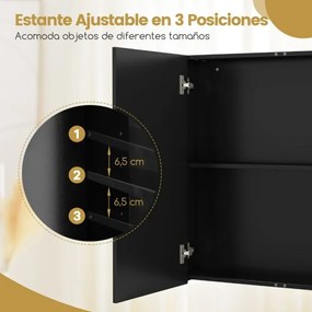 Armário de parede para casa de banho 62 x 65 cm com portas duplas espelhadas e prateleira ajustável preta