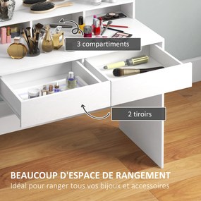 Toucador de Maquilhagem com Espelho Hollywood, 80 x 40 x 135 cm, 10 Lâmpadas com 3 Modos de Iluminação, Branco