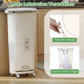 Caixote do lixo de 42 L com 2 caixotes removíveis, gaveta com pedal e rodas para sala, cozinha e casa de banho, bege
