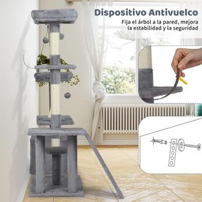 Arranhador para gatos de 136 cm com vários níveis, postes para arranhar em sisal, rampa e 2 poleiros Cinza claro