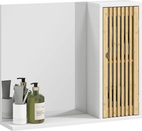 Armário de Banheiro com Espelho Prateleira Porta com Ripas de Bambu e Prateleira Ajustável Branco