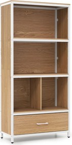 Estante de 4 níveis 68 x 30,5 x 151,5 cm com 4 compartimentos abertos e gaveta dobrável em tecido; Estrutura metálica para quarto ou escritório, em to