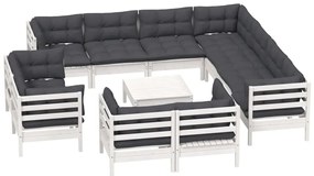12 pcs conj. lounge de jardim c/ almofadões pinho maciço branco