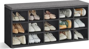 Banco sapateira para sapatos 30 x 105 x 48 cm com almofada e 15 compartimentos em preto-cinza ardósia
