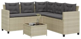 vidaXL Sofá de jardim em L c/ mesa e almofadões vime PE cinzento-claro