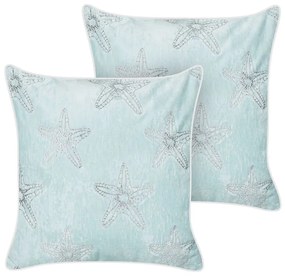 Conjunto de 2 almofadas decorativas com motivo de estrela do mar em veludo azul 45 x 45 cm CERAMIUM Beliani