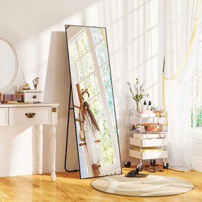 Espelho retangular de corpo inteiro, 50 x 160 cm, espelho com suporte, para fixação na parede ou encostado à parede, preto