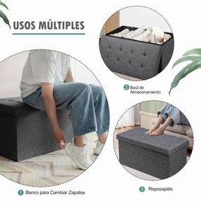 Banco dobrável com espaço para arrumação 80 cm x 40,5 cm x 40,5 cm com assento acolchoado cinza escuro