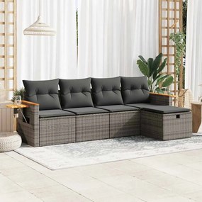 5 pcs conjunto sofás de jardim c/ almofadões vime PE cinzento