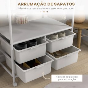 Cabide Moderno 8 Ganchos e 4 Cestos para Armazenamento Charriot com Rodas e Estrutura de Aço 63x37x153 cm Branco