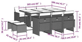 11 pcs conjunto de jantar p/ jardim com almofadões vime PE bege