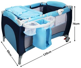 Berço 4 em 1 Dobrável para Crianças com Mudança de Mesa toldo de Rodas Lateral da Porta de Pendurar Brinquedos e Centro de Actividades Portáteis Azul