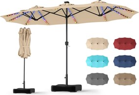 Guarda-sol Duplo Retangular de Exterior com base, 370 x 200 cm, 108 Luzes LED, Bege