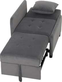 Sofá Cama Individual 4 em 1 Cadeirão-cama em Veludo com Encosto Ajustável e Bolsos Laterais Cinza Escuro